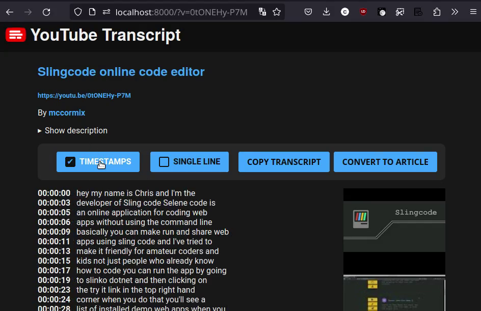YouTube Transcript Generator website